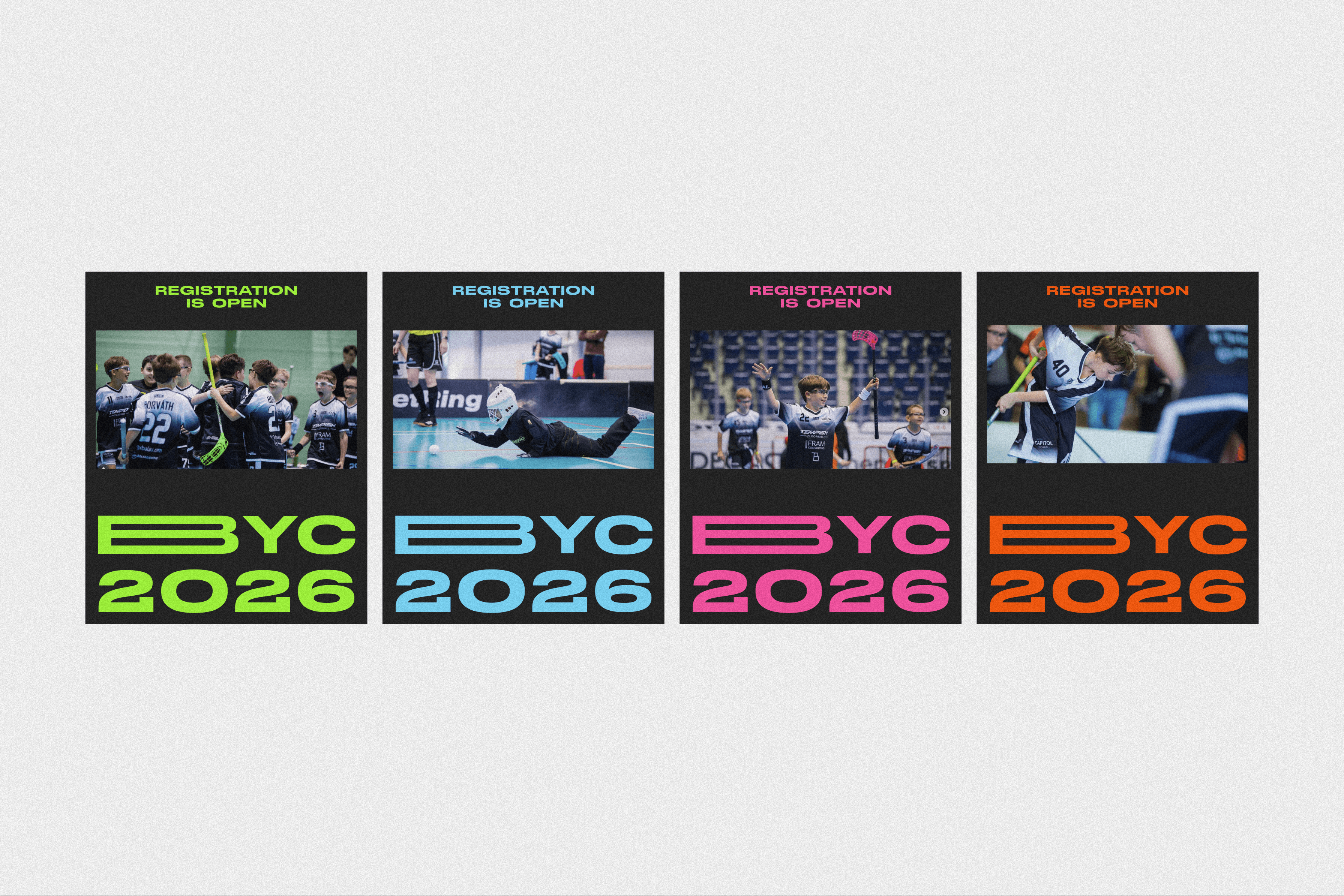 Four social media posts in neon colours