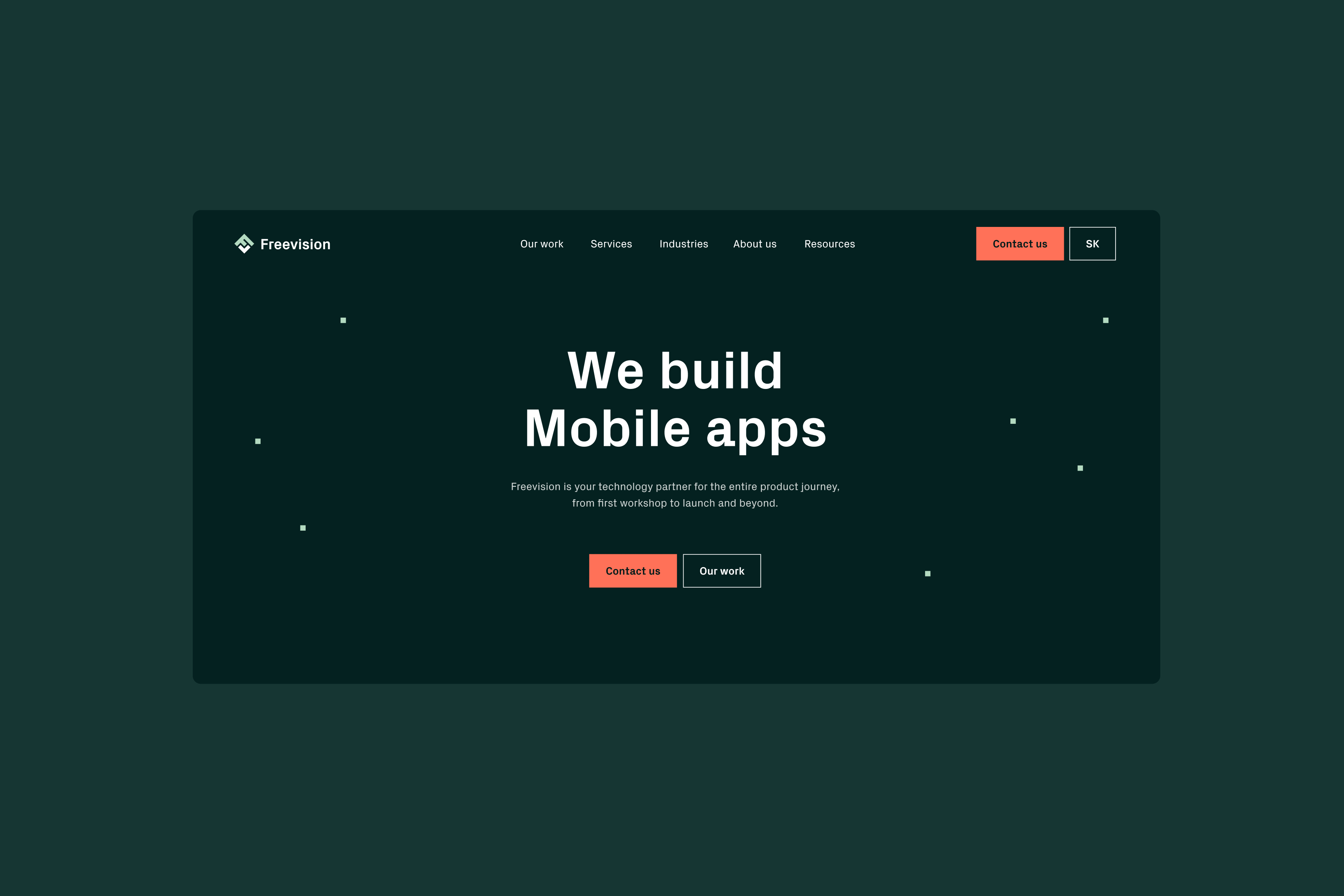 Freevision website hero on dark green