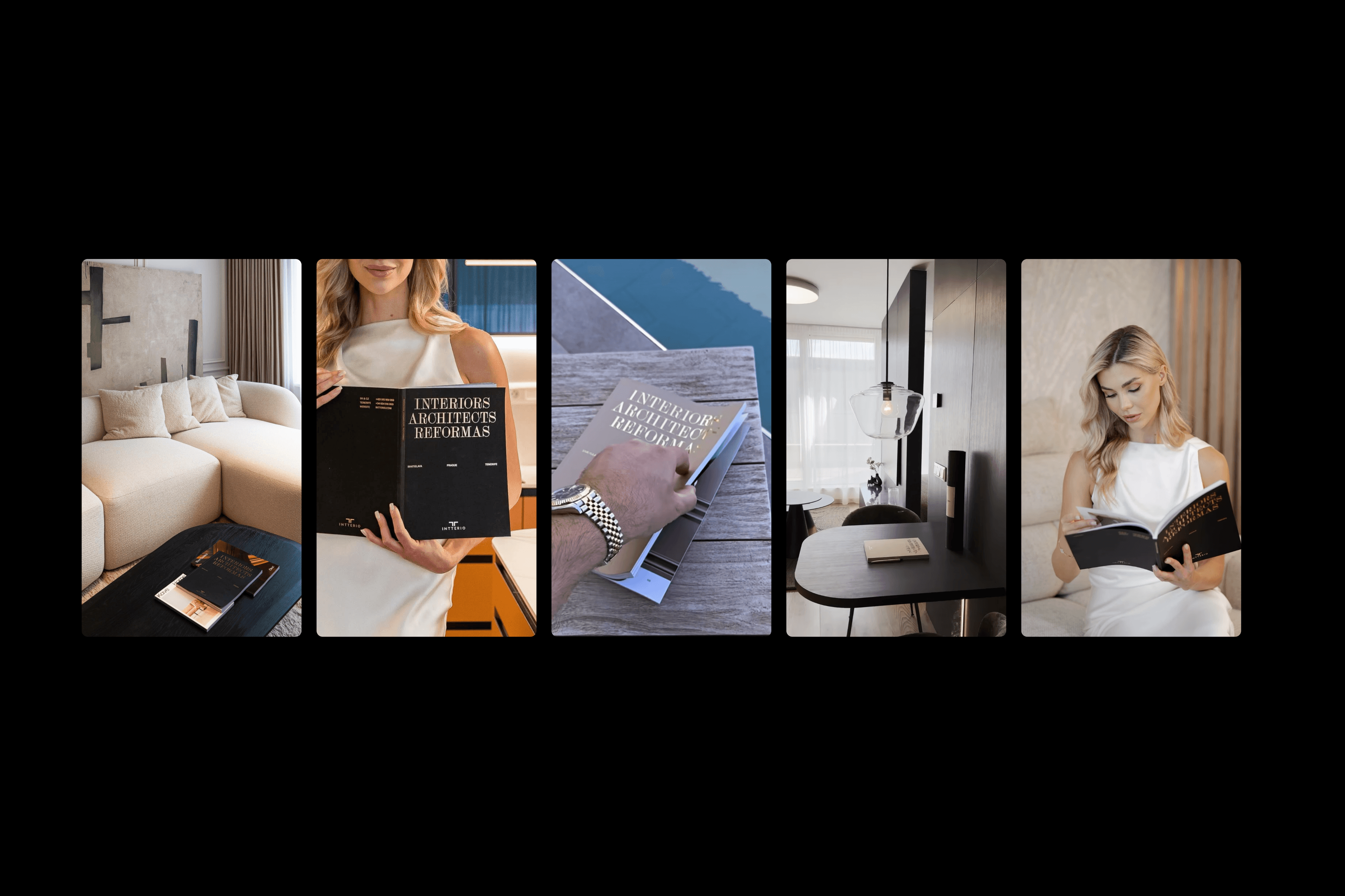 Five phone screens with the Intterio website