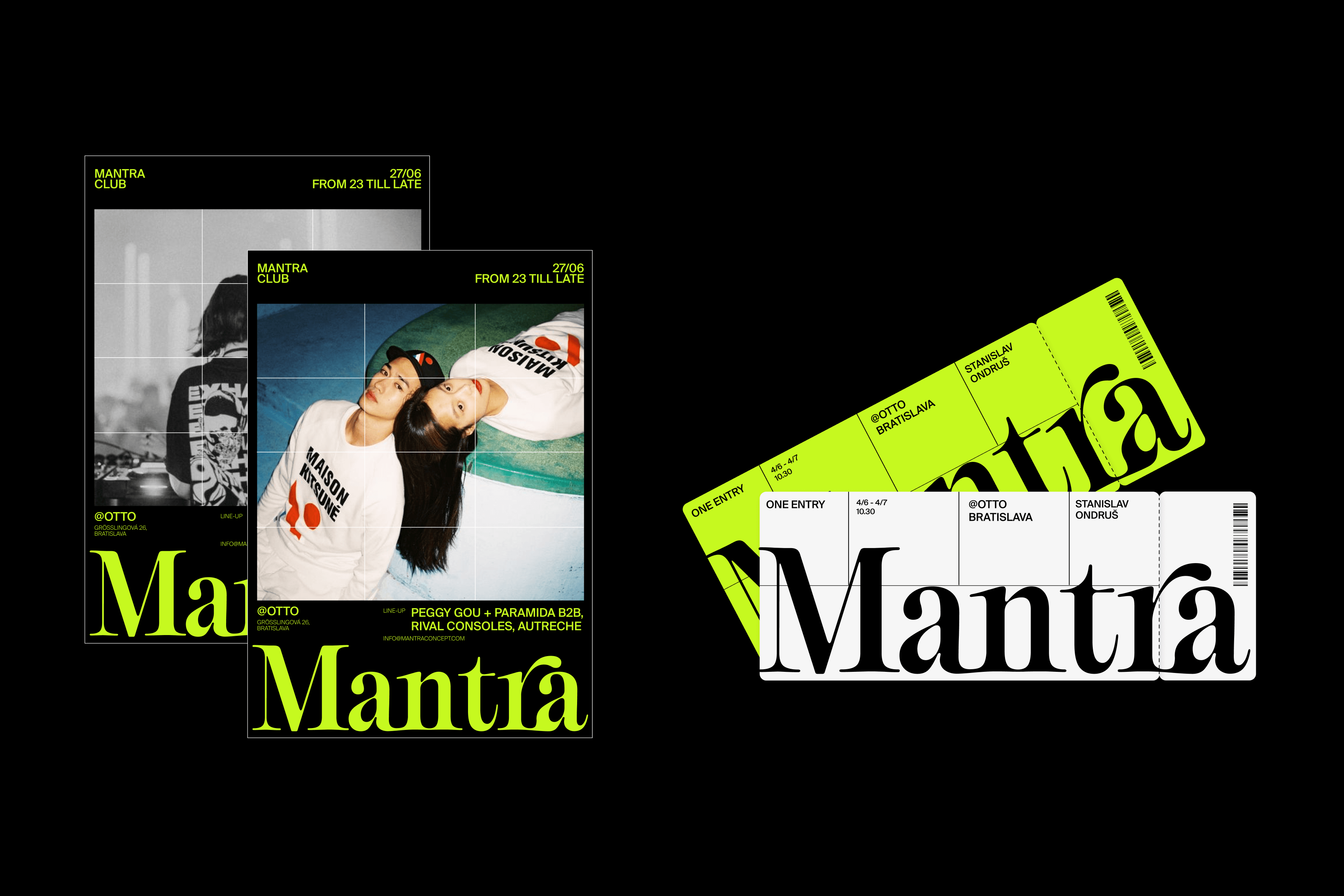 Event flyers and tickets in the Mantra identity