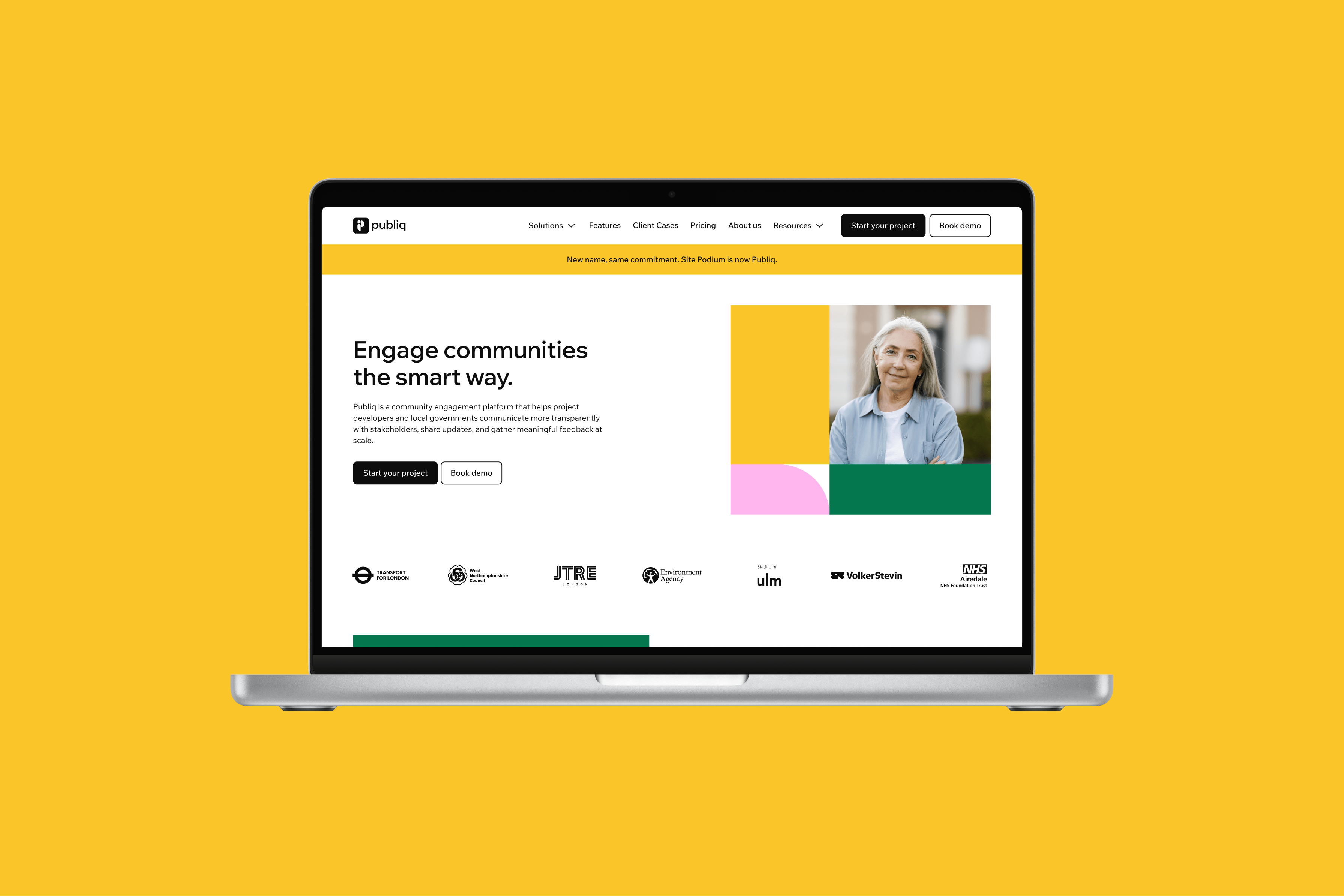 Publiq website on a laptop, yellow background