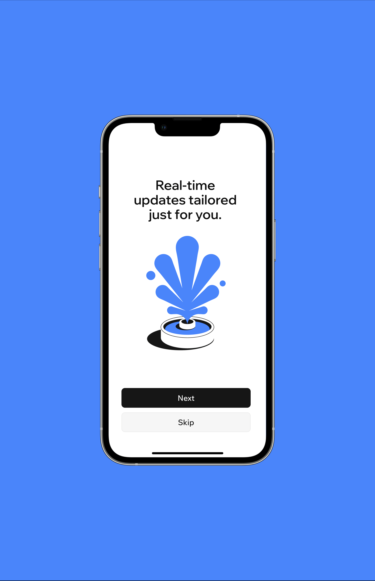 Publiq app onboarding screen on a phone, blue background