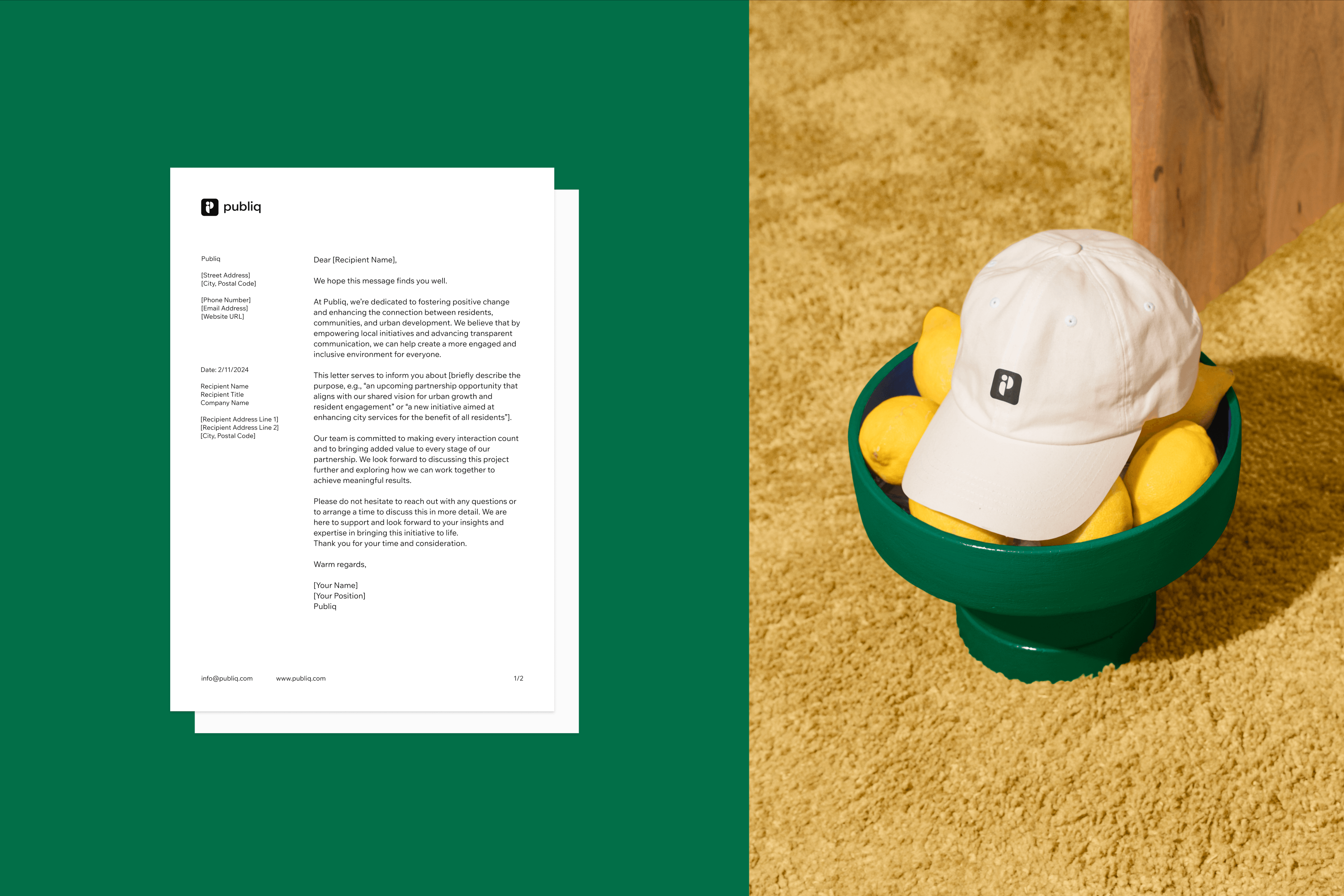 Publiq letterhead on green and a branded cap